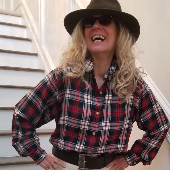 Eddie Bauer Red, Green, & Blue Plaid Button Down Rayon Shirt, Medium, $20 - Picture 3 of 7